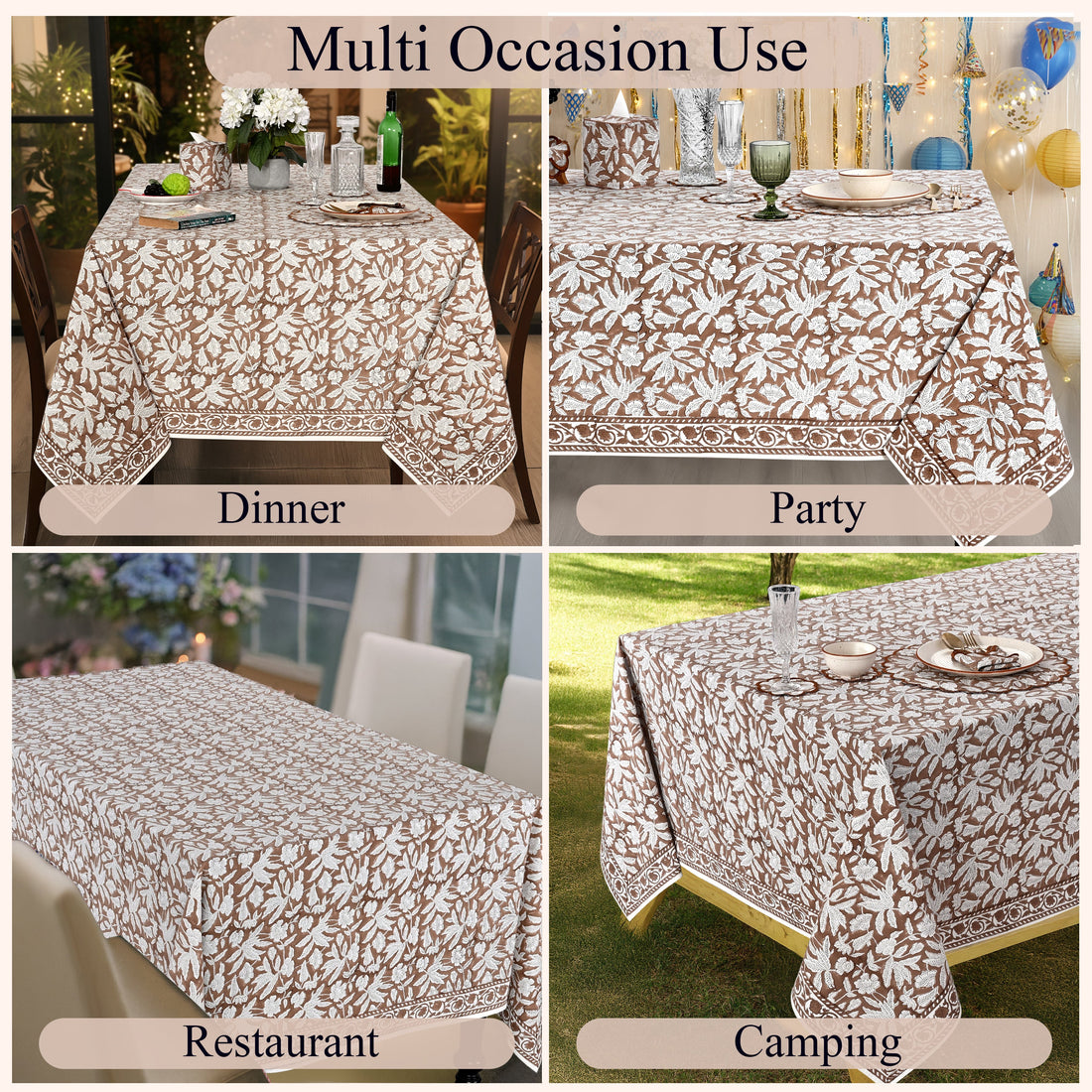 Oak Brown Square & Rectangle Tablecloth Ridhi Block Print
