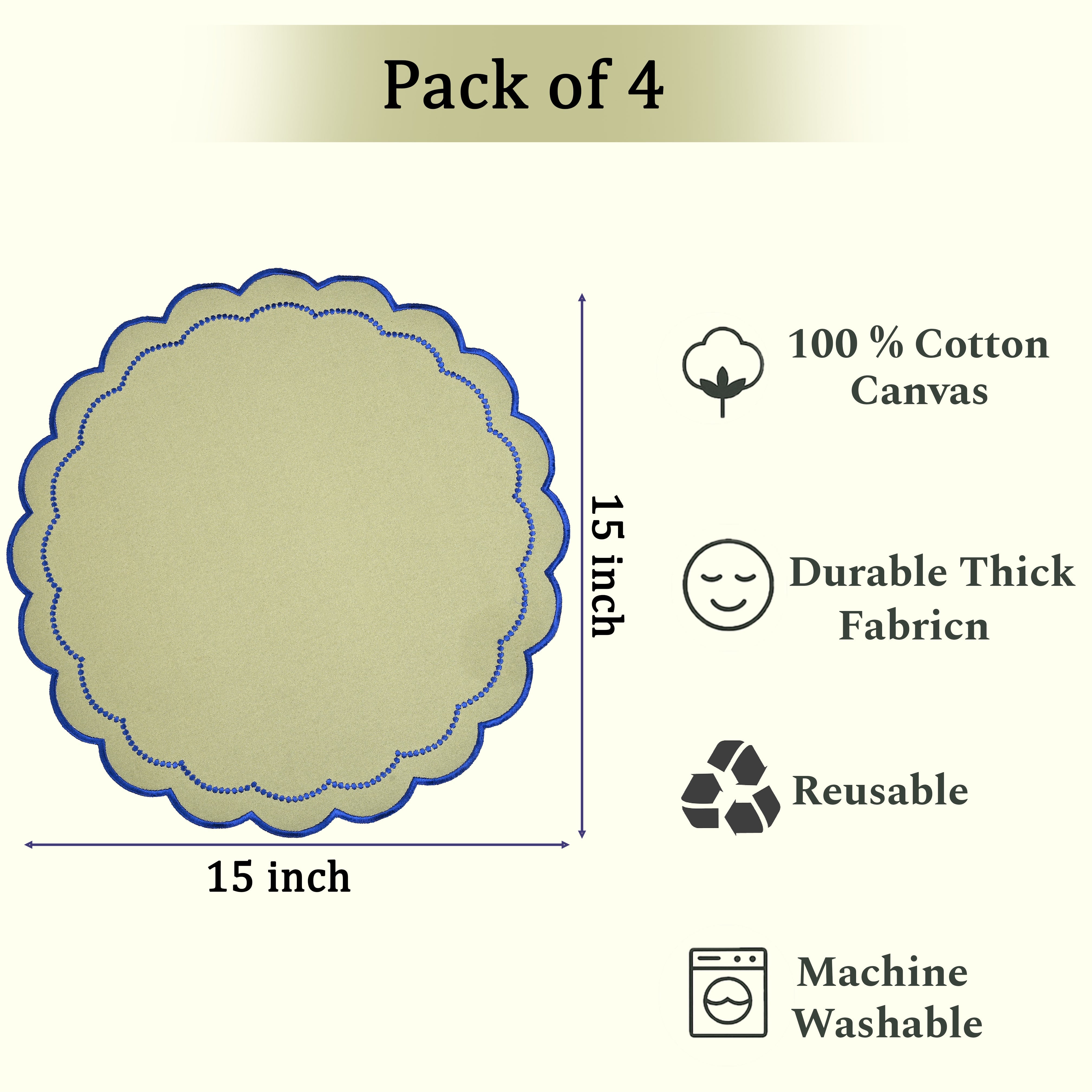 Matcha Green Scalloped Embroidery Round Placemat Ridhi Block Print