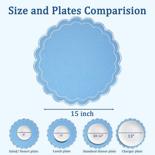 Sky Blue Scalloped Embroidery Round Placemat Ridhi Block Print