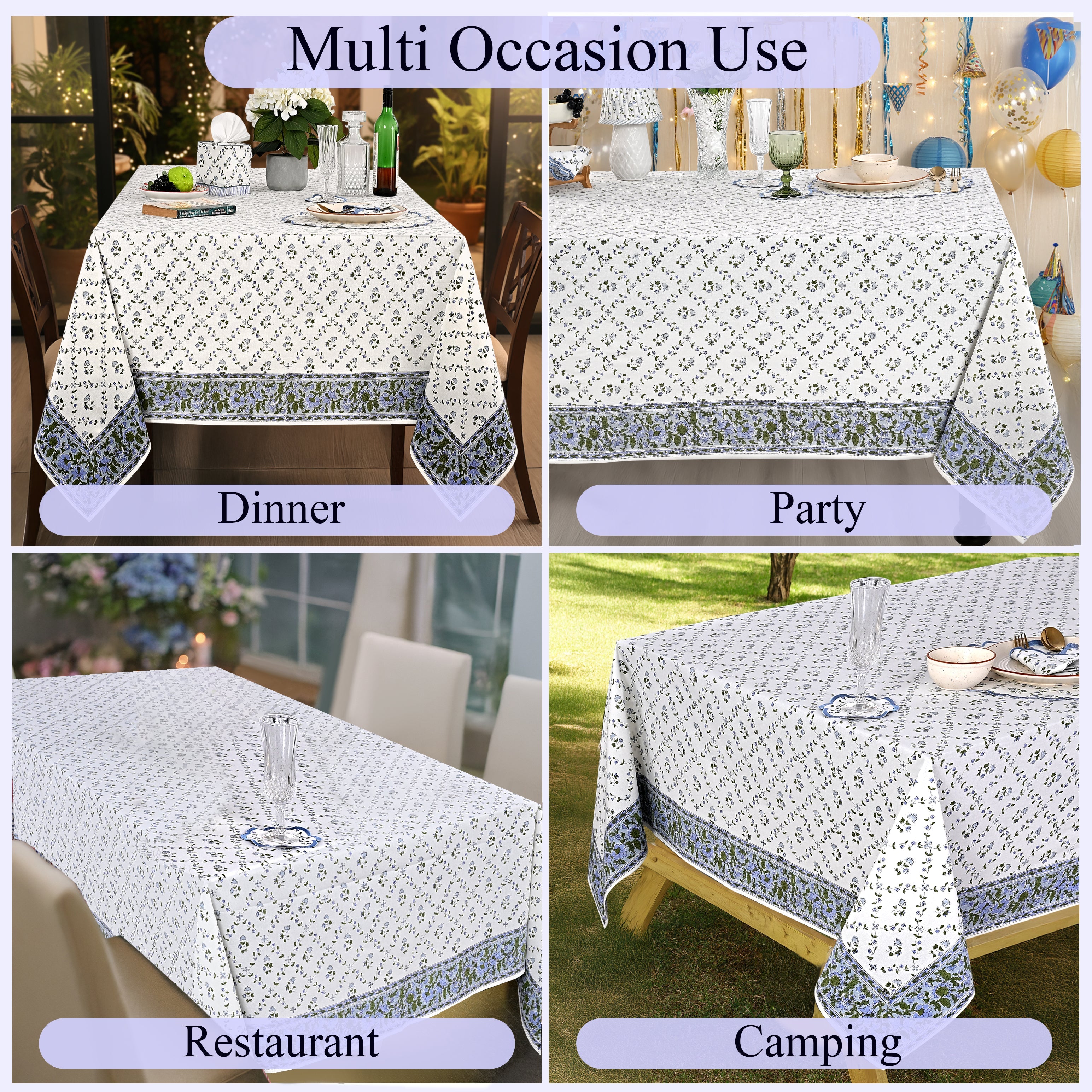 Powder Blue Rectangle Tablecloth Ridhi Block Print