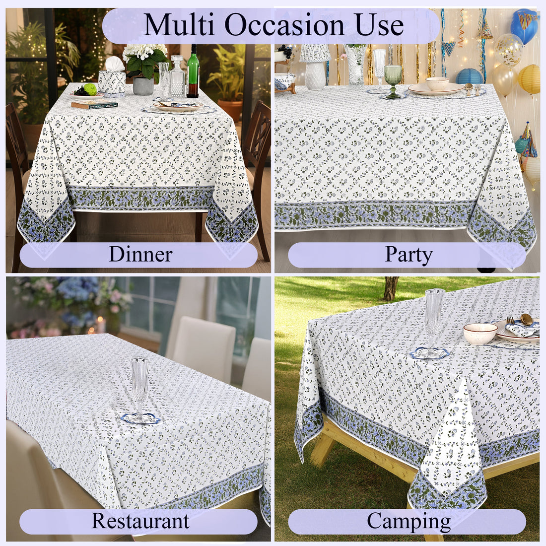 Powder Blue Square & Rectangle Tablecloth Ridhi Block Print