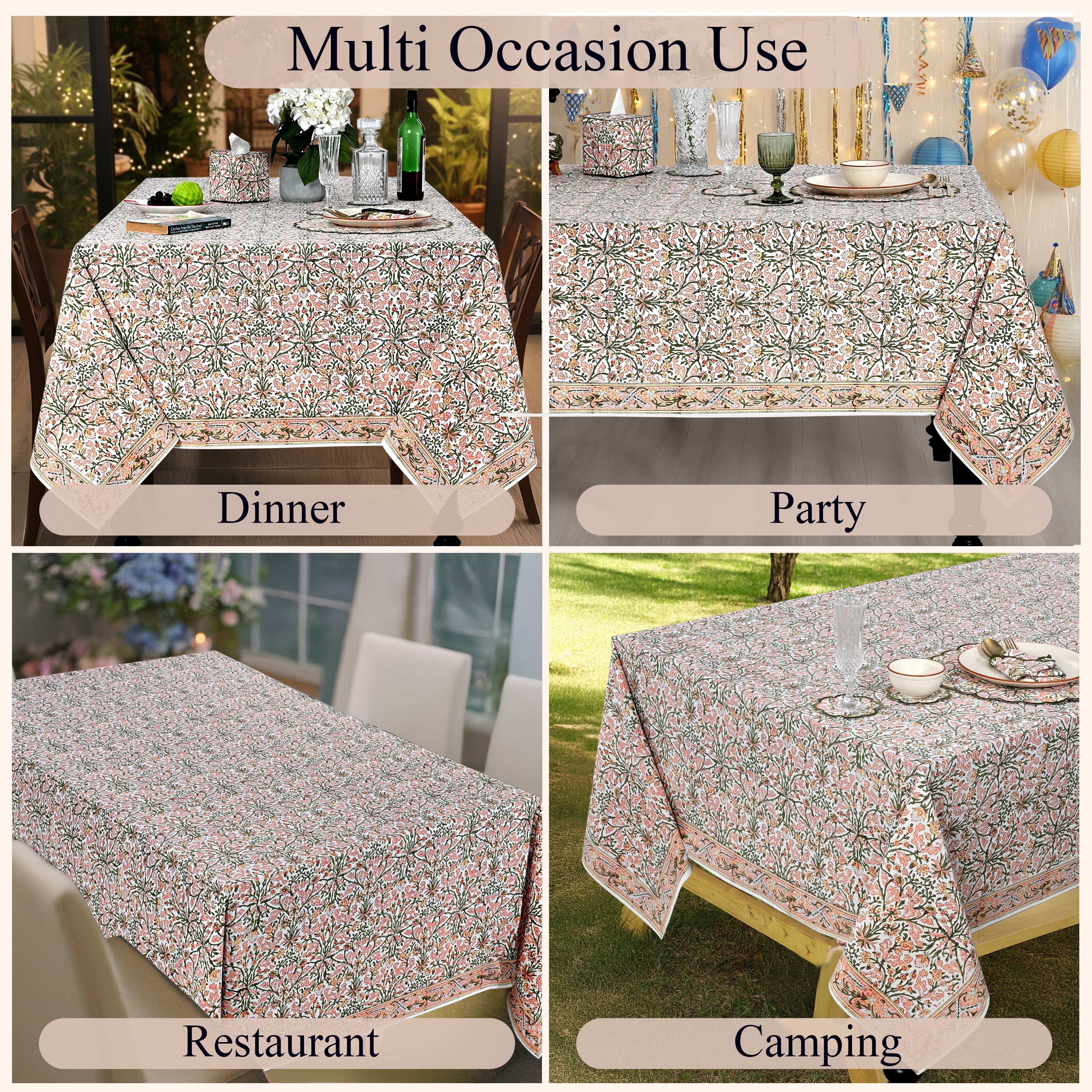 Sassy Salmon and Emerald Green Rectangle Tablecloth Ridhi Block Print