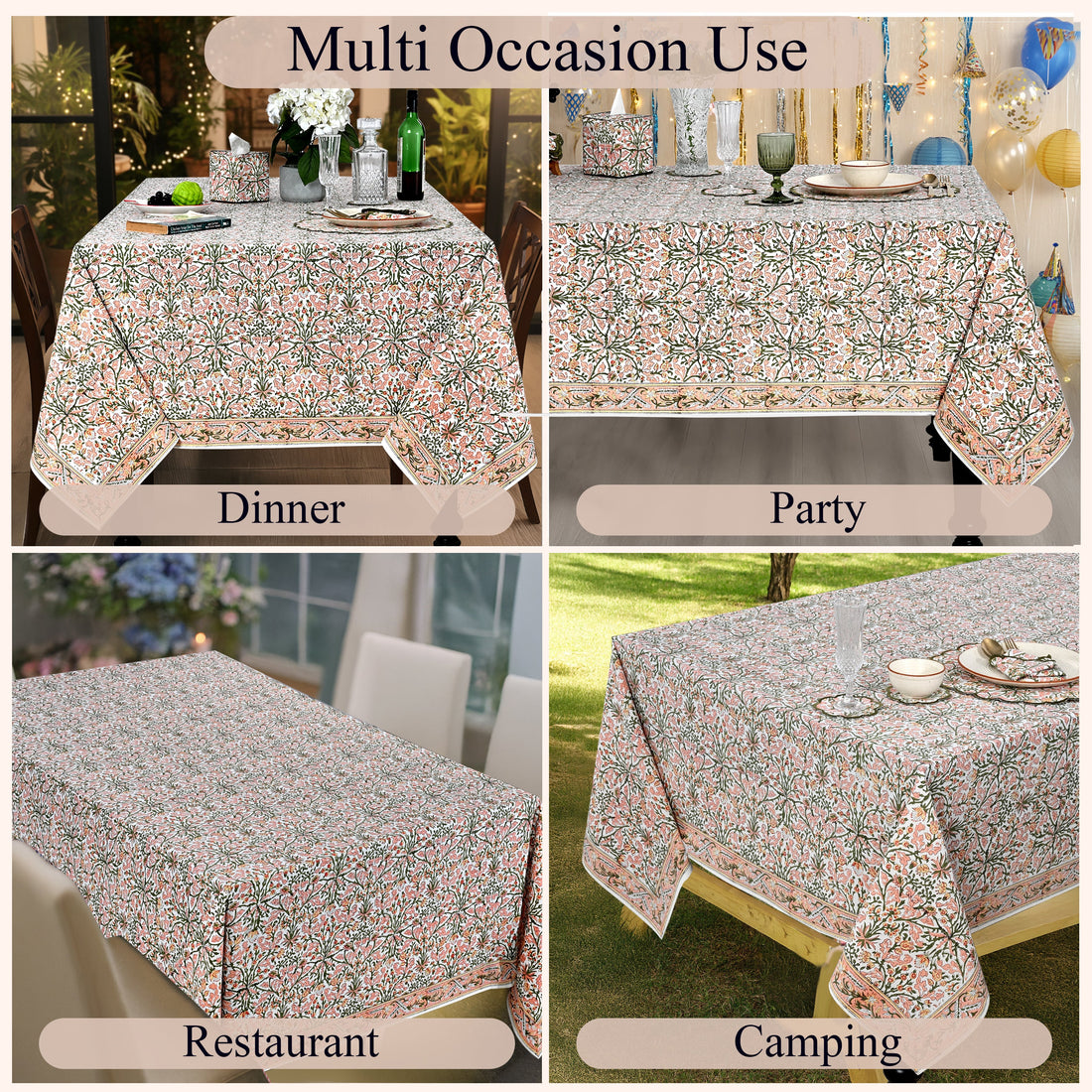 Sassy Salmon and Emerald Green Square & Rectangle Tablecloth Ridhi Block Print
