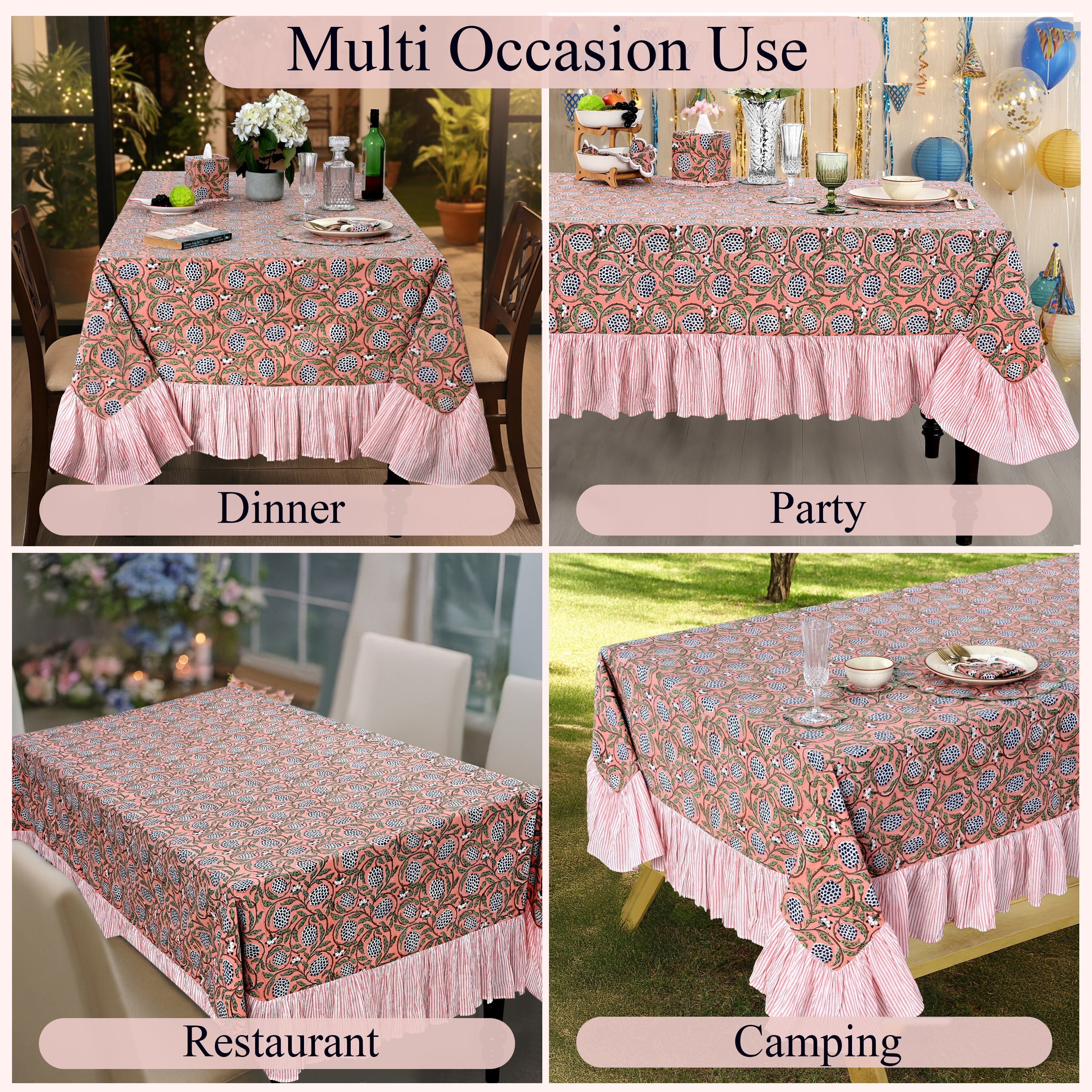 Ruffle Rectangle & Square Tablecloth - Dark Salmon Pink Ridhi Block Print