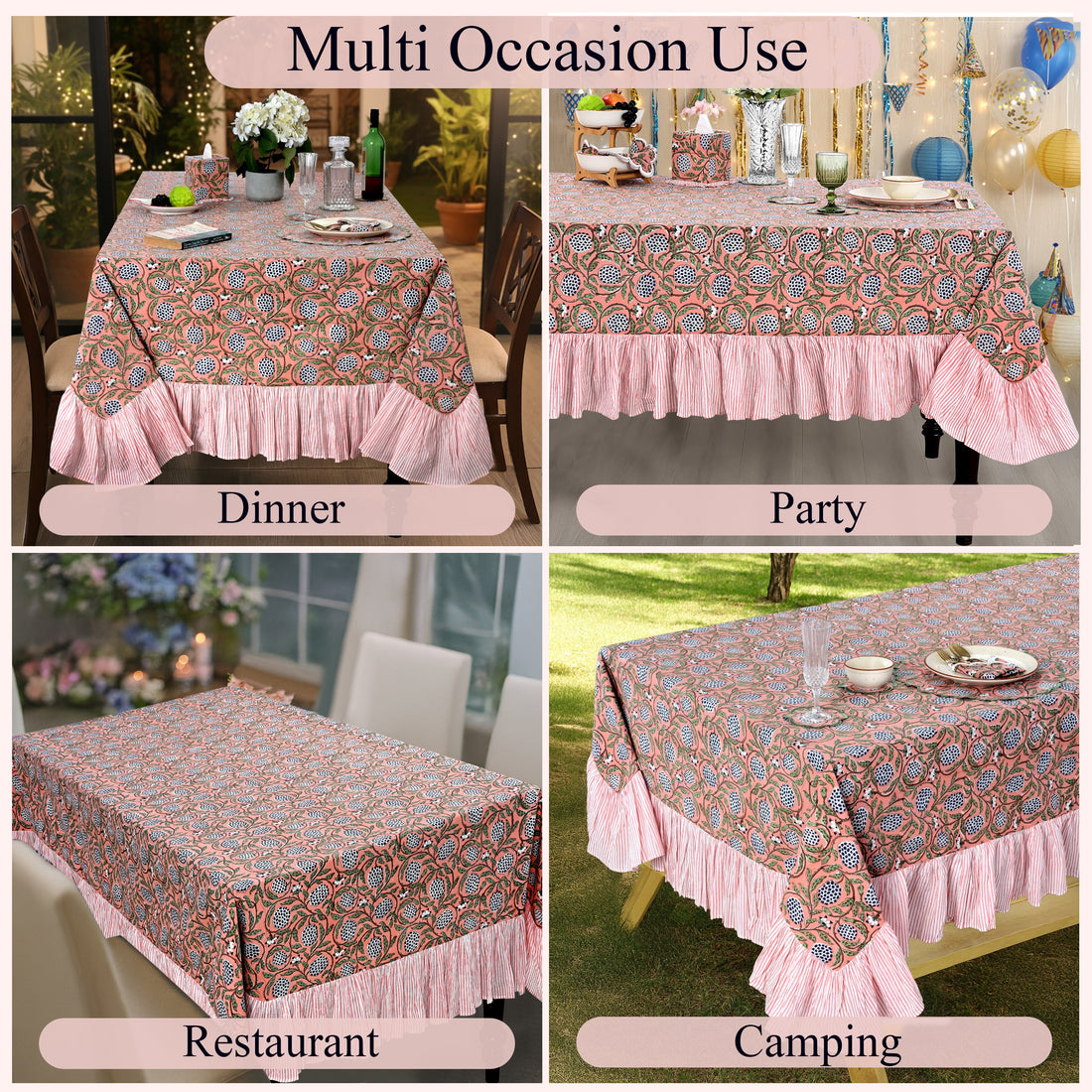 Ruffle Rectangle & Square Tablecloth - Dark Salmon Pink Ridhi Block Print