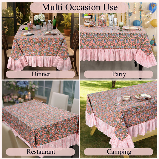 Ruffle Rectangle & Square Tablecloth - Dark Salmon Pink Ridhi Block Print