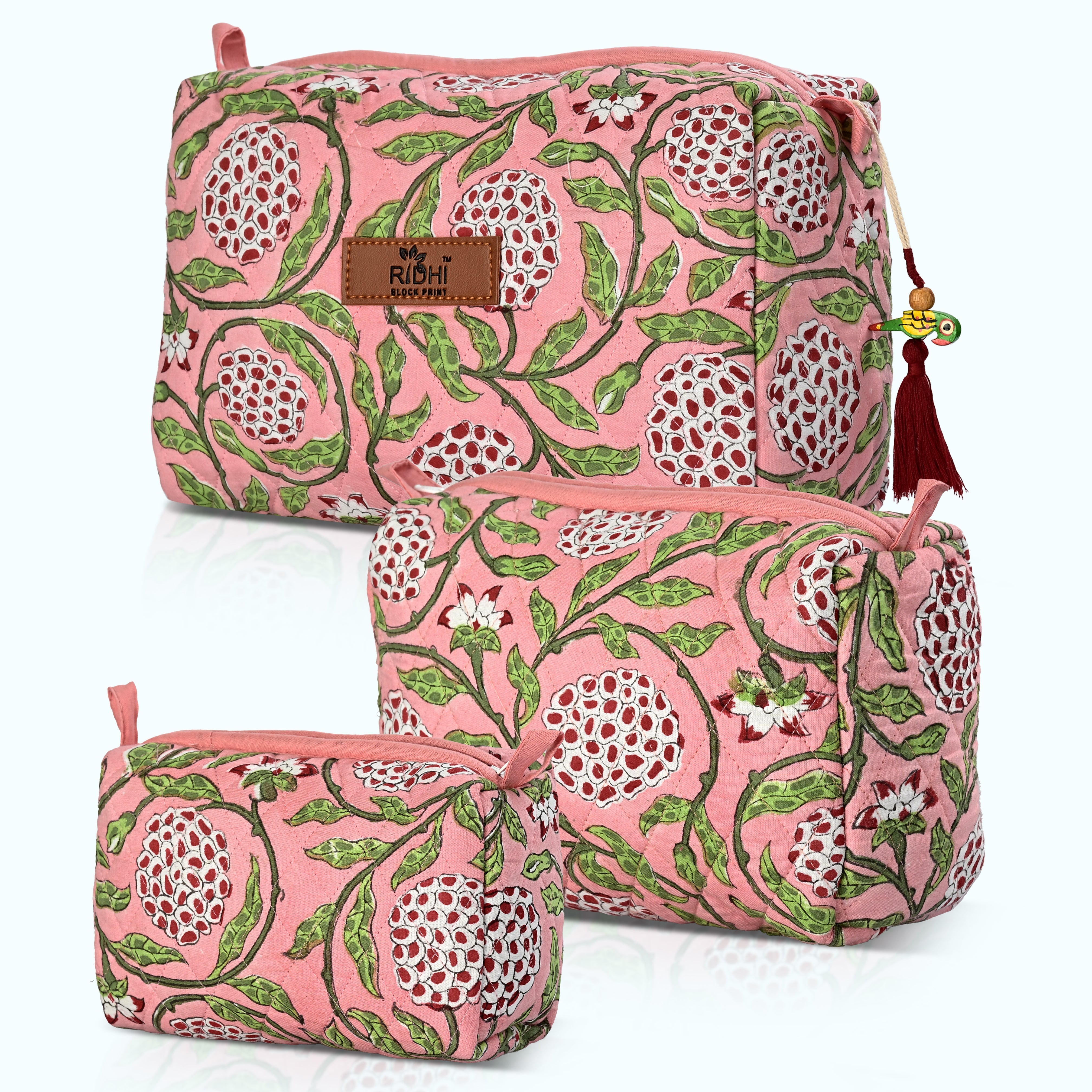 Block Print Cotton Quilted Toiletry Bag - Strawberry Pink RIDHI