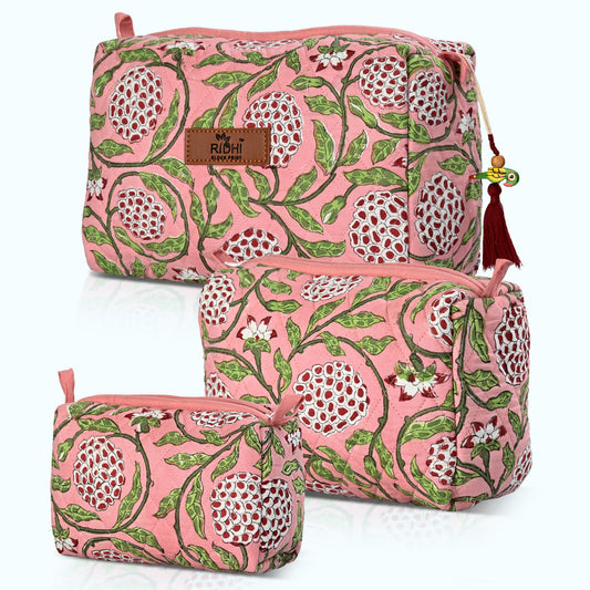 Block Print Cotton Quilted Toiletry Bag - Strawberry Pink RIDHI