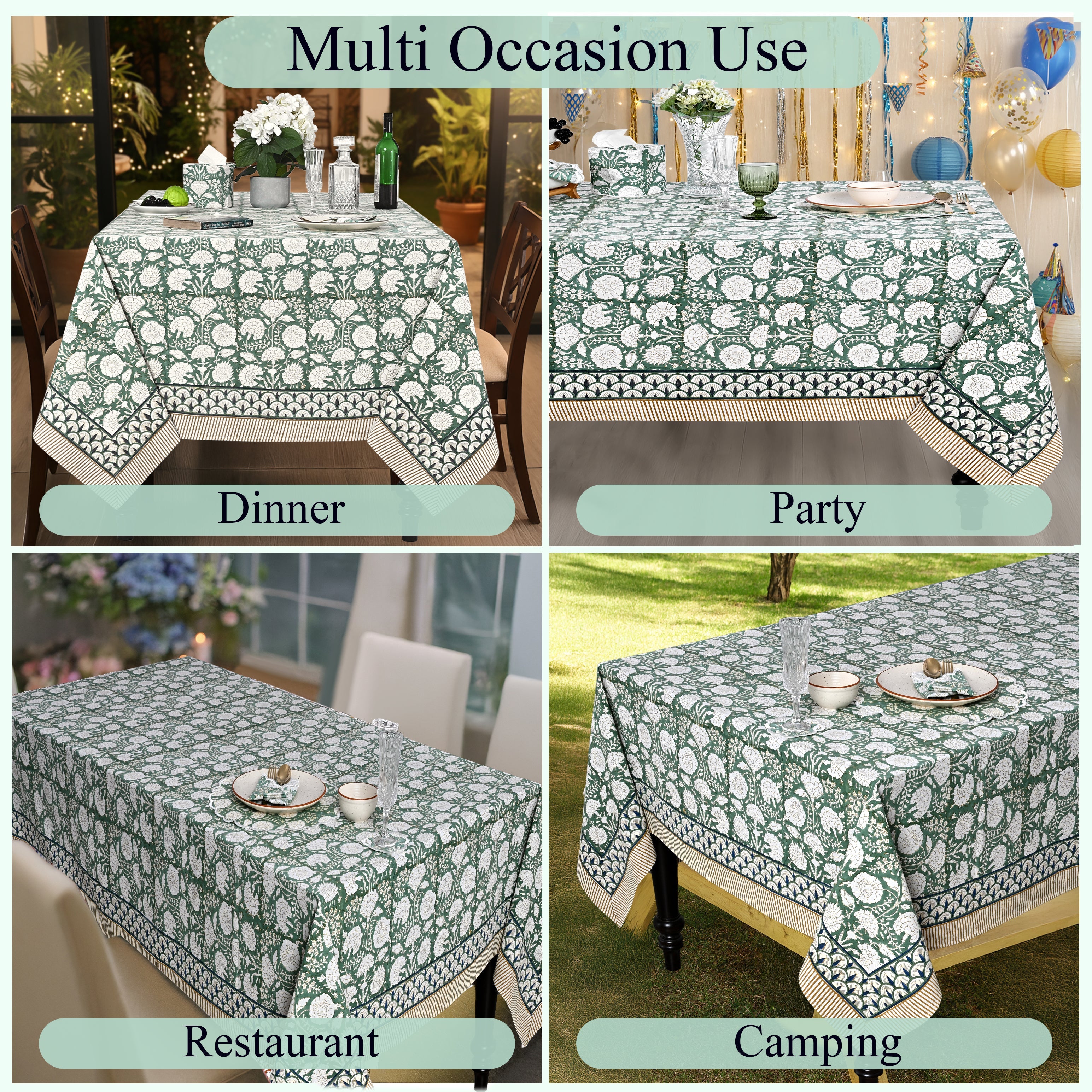 Turquoise Moss Green Rectangle Tablecloth Ridhi Block Print