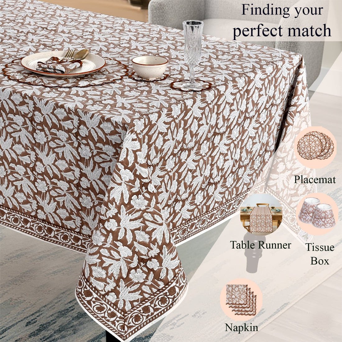 Oak Brown Square & Rectangle Tablecloth Ridhi Block Print