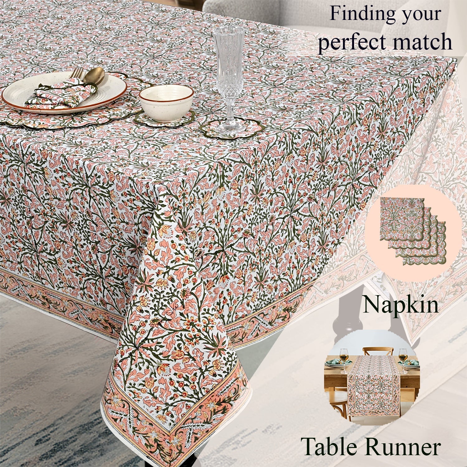 Sassy Salmon and Emerald Green Rectangle Tablecloth Ridhi Block Print