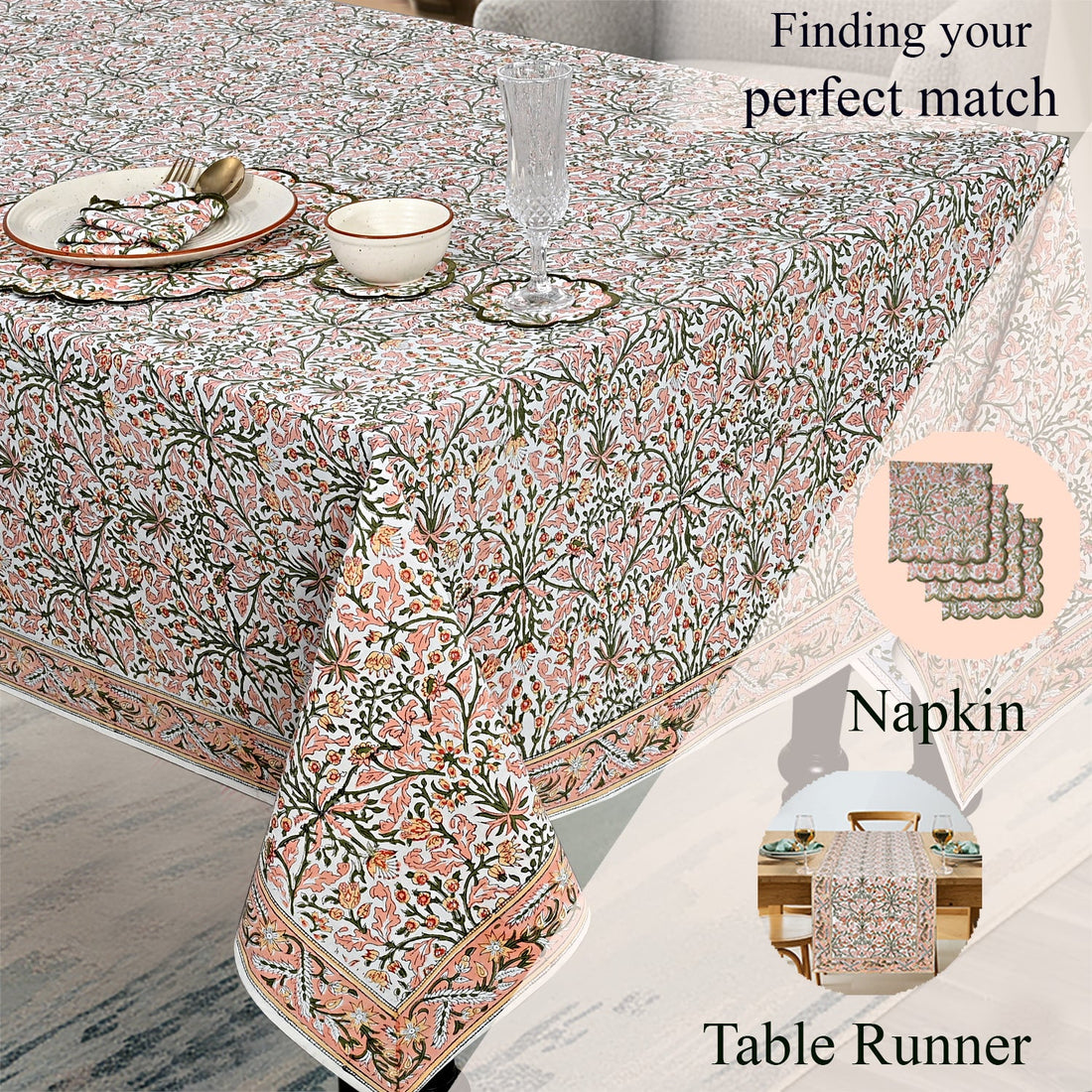 Sassy Salmon and Emerald Green Square & Rectangle Tablecloth Ridhi Block Print