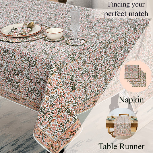 Sassy Salmon and Emerald Green Rectangle Tablecloth Ridhi Block Print