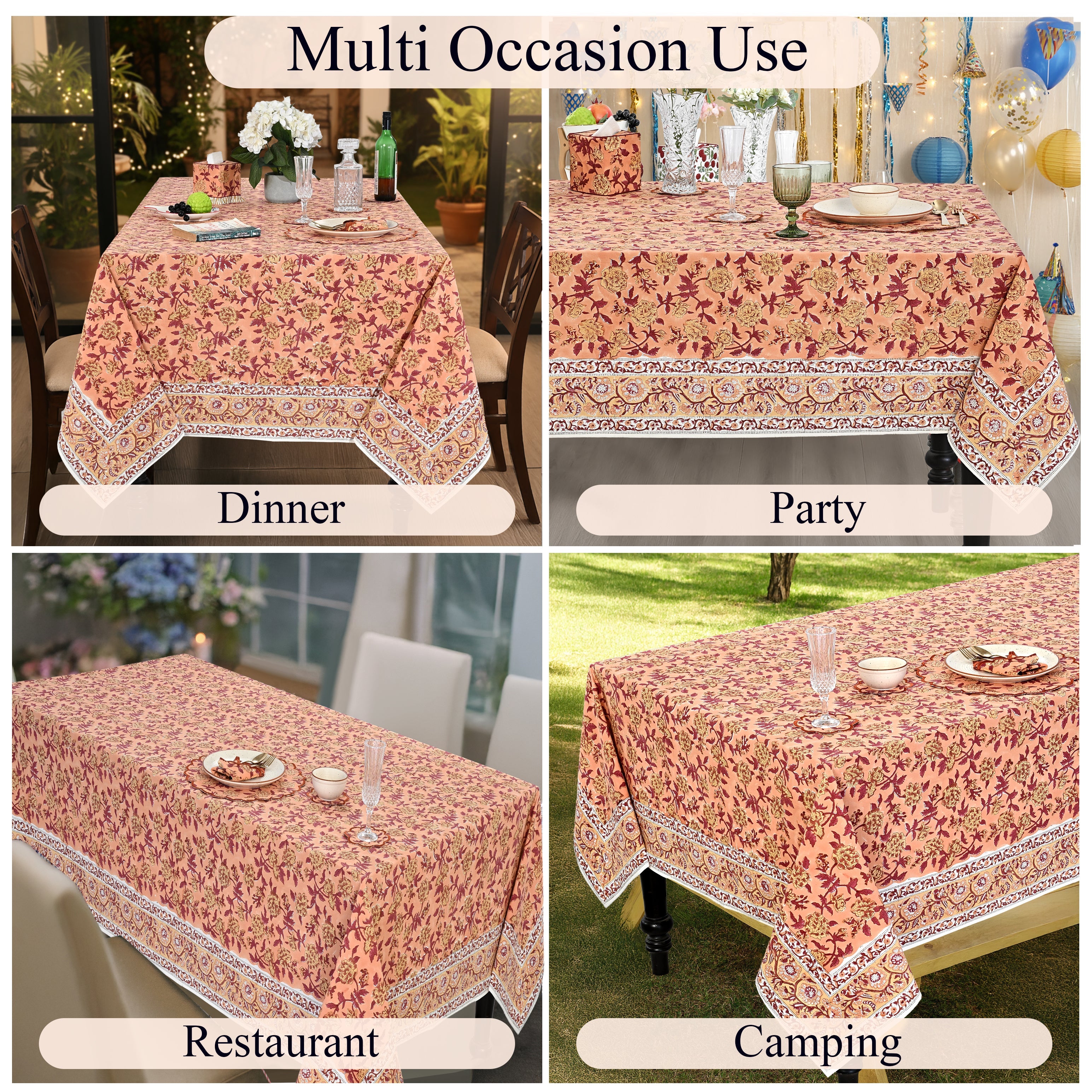 Apricot Rosette Vine Square & Rectangle Tablecloth Ridhi Block Print