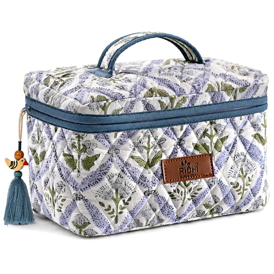 Light Steel Blue Block Print Quilted Cosmetic Bag RIDHI