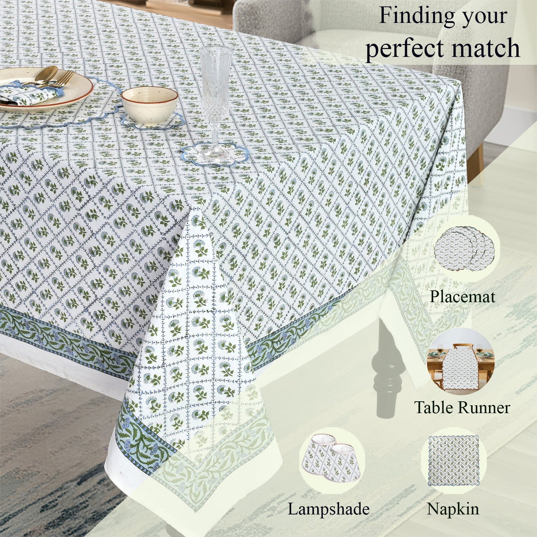 Lattice Bloom Blue Square & Rectangle Tablecloth Ridhi Block Print