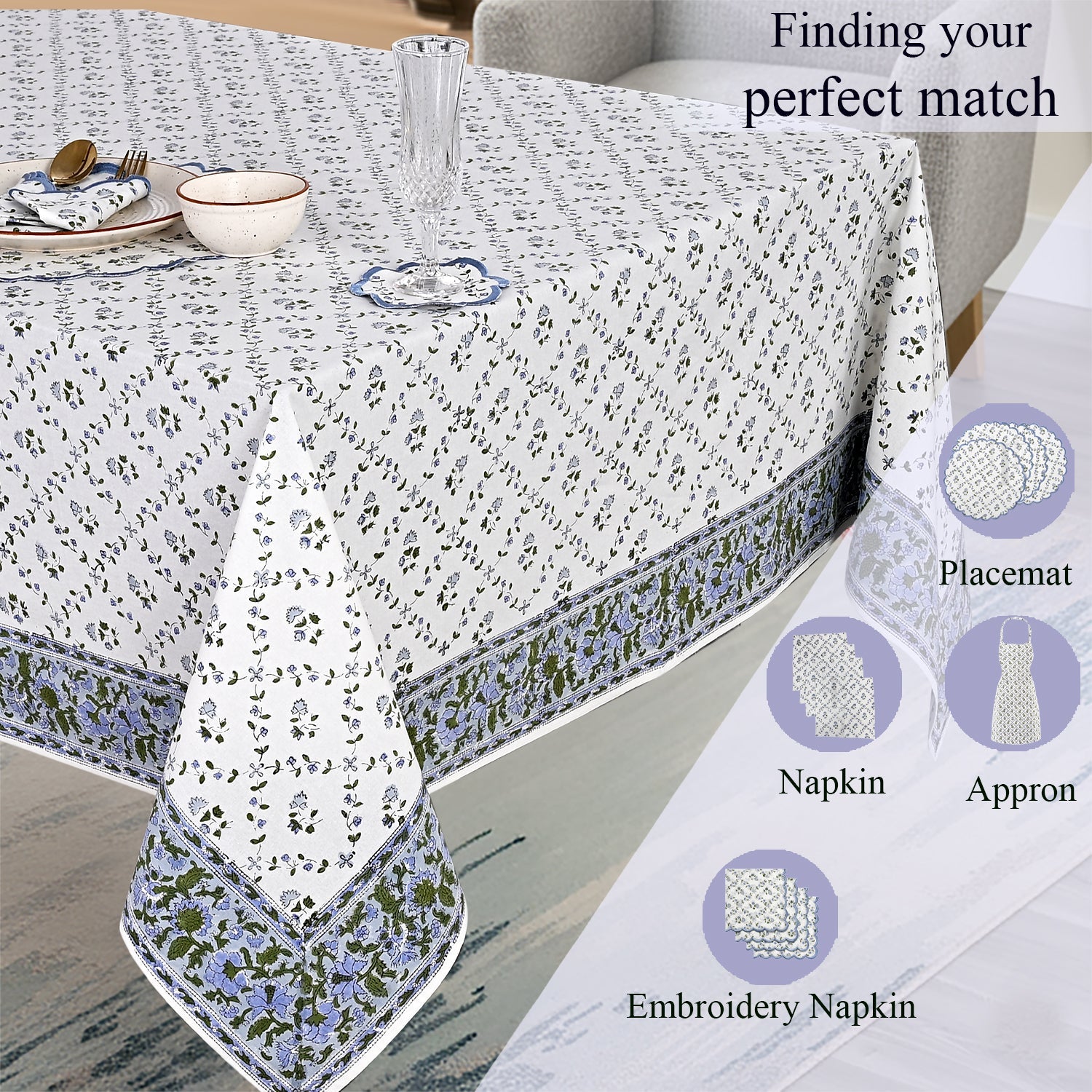 Powder Blue Rectangle Tablecloth Ridhi Block Print