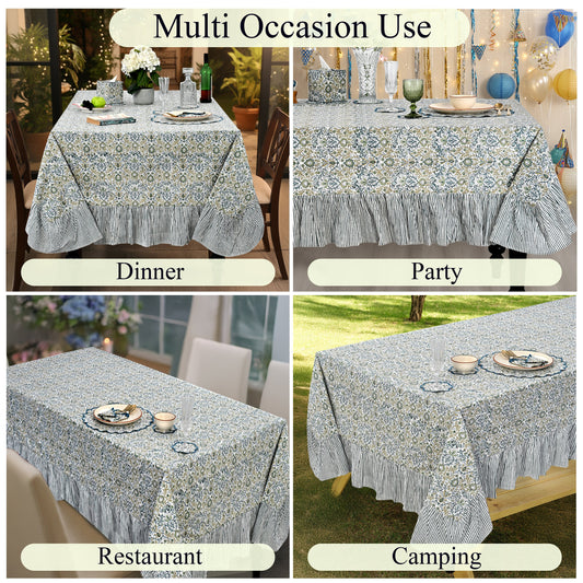 Ruffle Rectangle & Square Tablecloth - Indigo Floral Ridhi Block Print