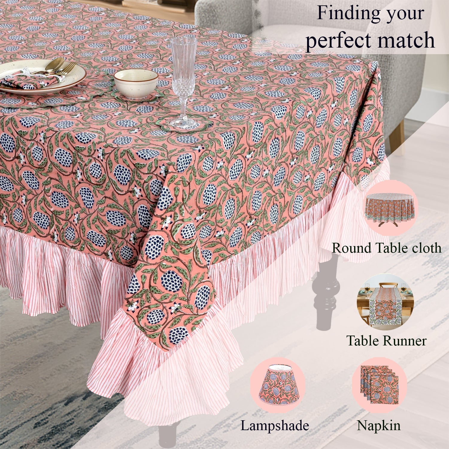 Ruffle Rectangle & Square Tablecloth - Dark Salmon Pink Ridhi Block Print