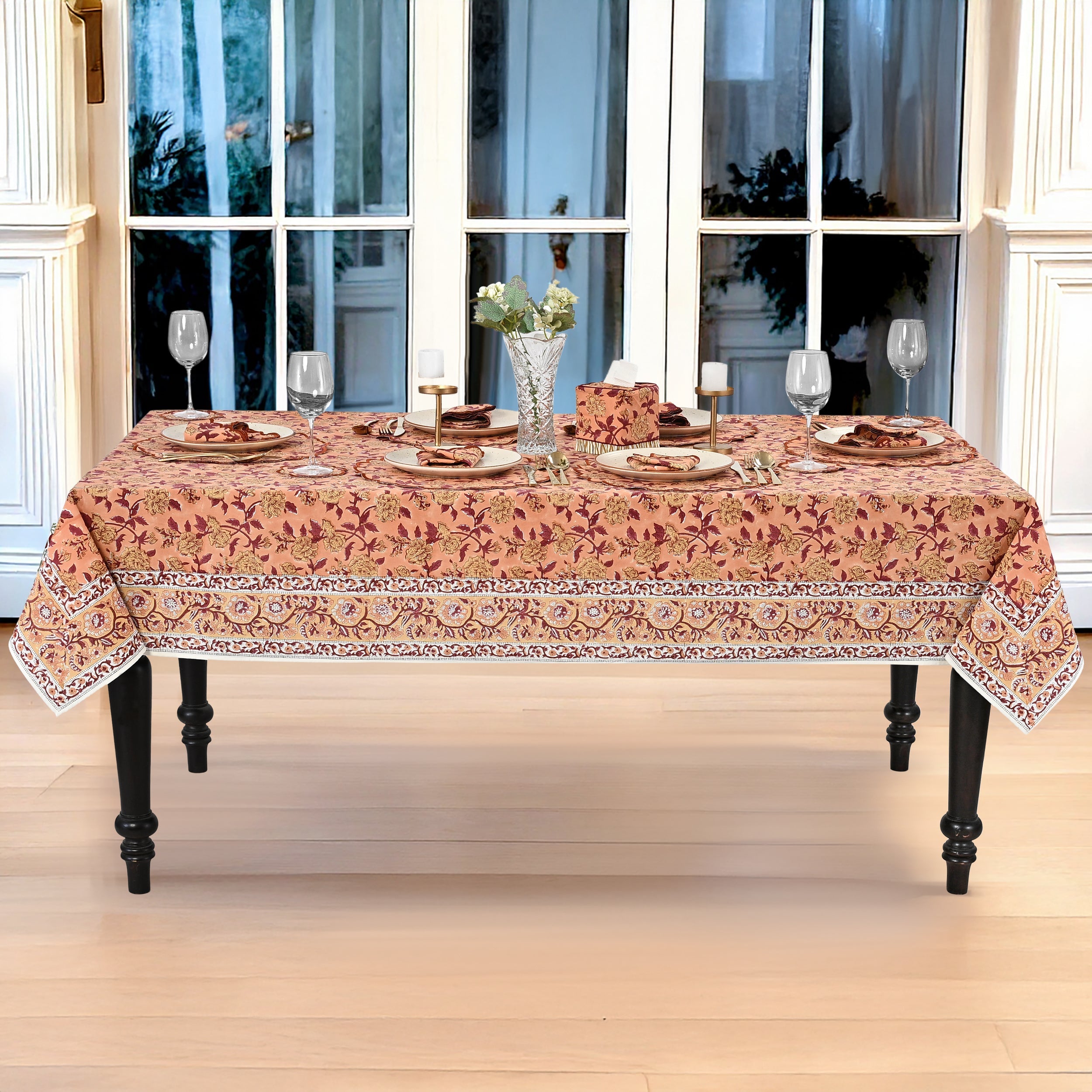 Apricot Rosette Vine Square & Rectangle Tablecloth Ridhi Block Print