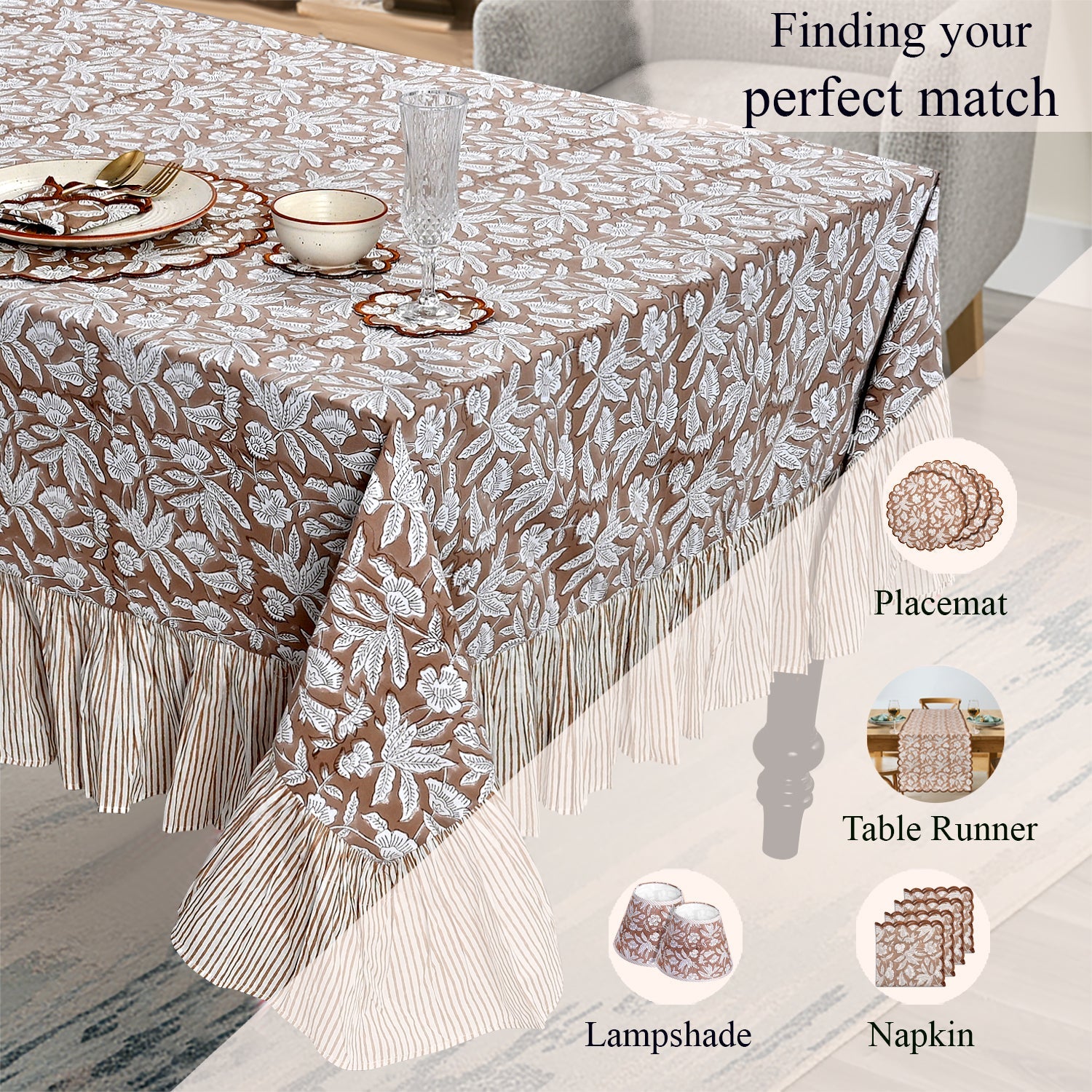 Ruffle Rectangle & Square Tablecloth - Oak Brown Ridhi Block Print