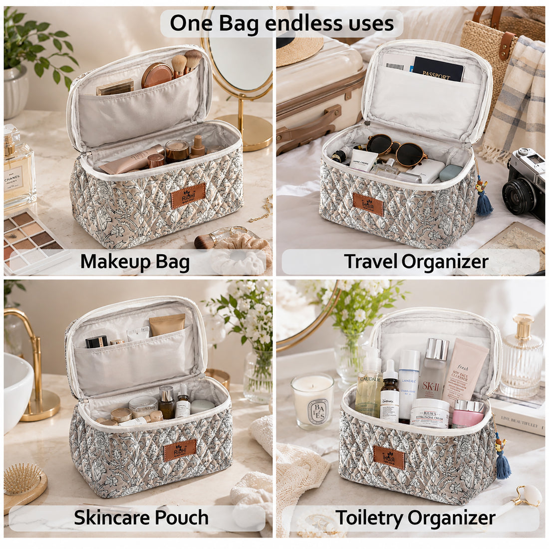 Taupe Block Print Quilted Cosmetic Bag