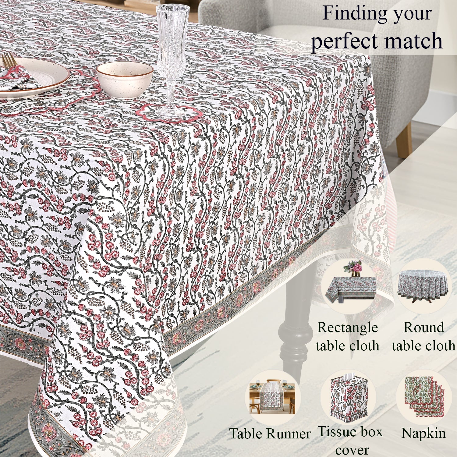 Coral Pink Rectangle Tablecloth Ridhi Block Print