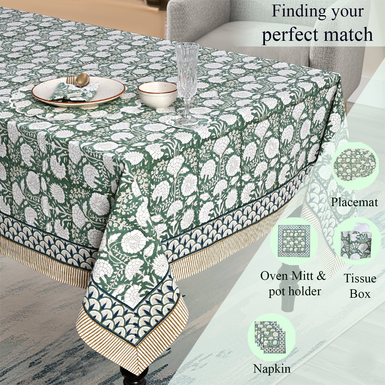 Turquoise Moss Green Rectangle Tablecloth Ridhi Block Print