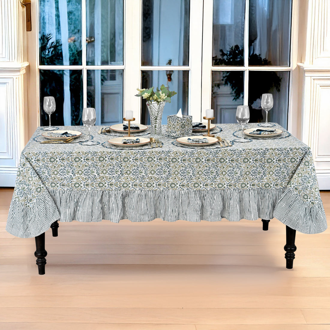 Ruffle Rectangle & Square Tablecloth - Indigo Floral Ridhi Block Print