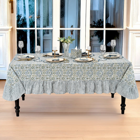 Ruffle Rectangle & Square Tablecloth - Indigo Floral Ridhi Block Print