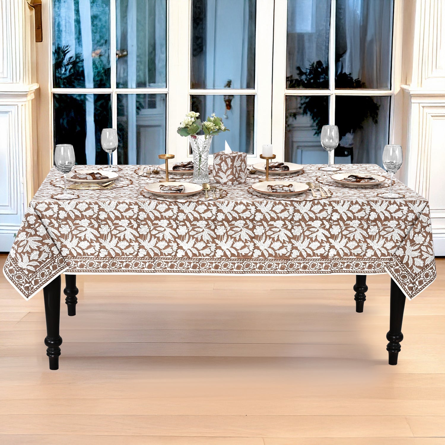 Oak Brown Rectangle Tablecloth Ridhi Block Print