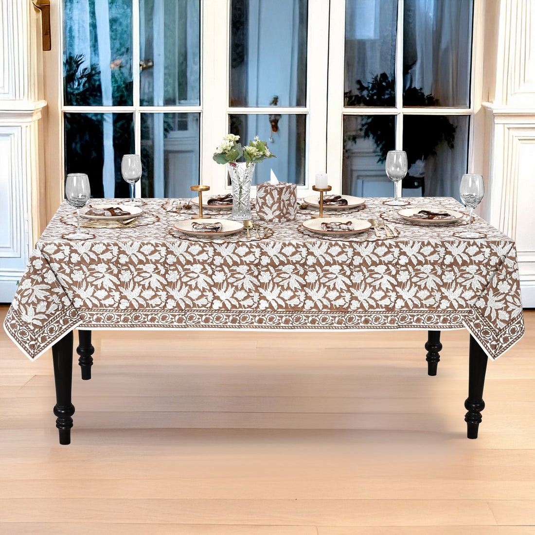 Oak Brown Square & Rectangle Tablecloth Ridhi Block Print