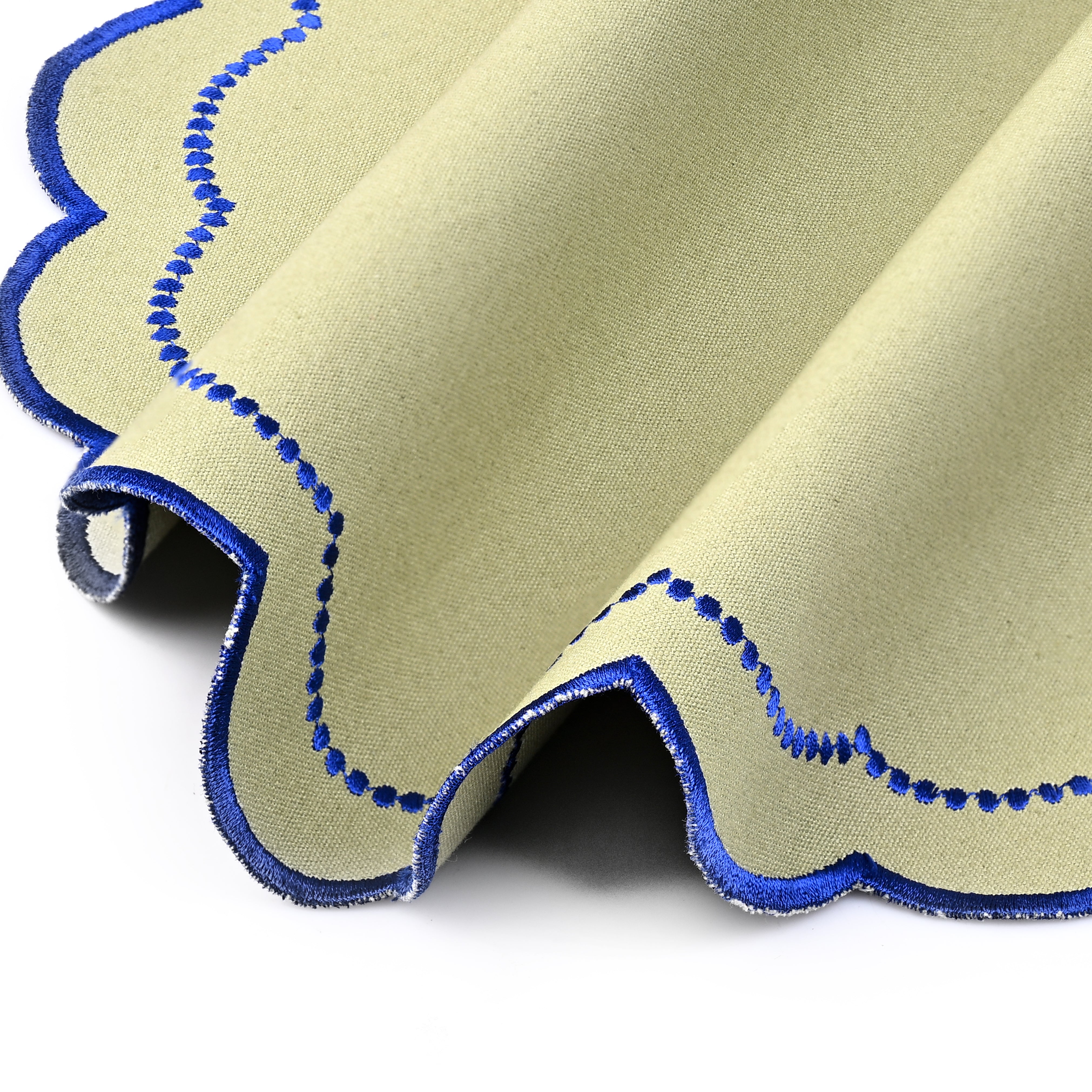 Matcha Green Scalloped Embroidery Round Placemat Ridhi Block Print
