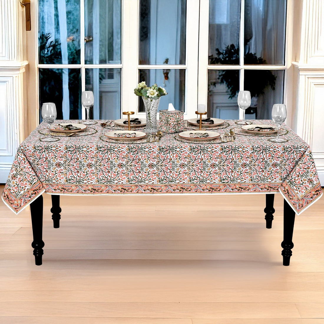 Sassy Salmon and Emerald Green Square & Rectangle Tablecloth Ridhi Block Print