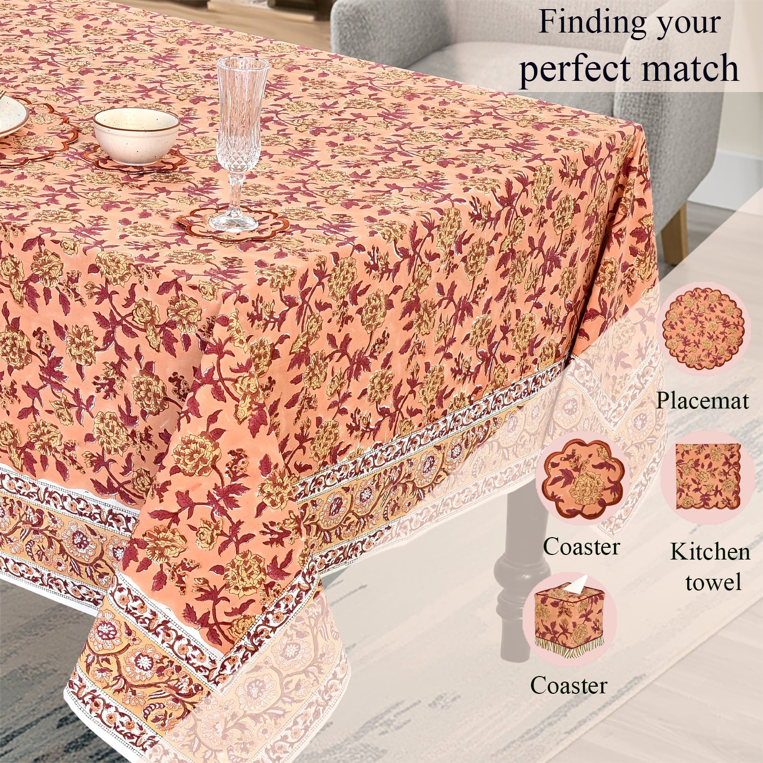 Apricot Rosette Vine Square & Rectangle Tablecloth Ridhi Block Print