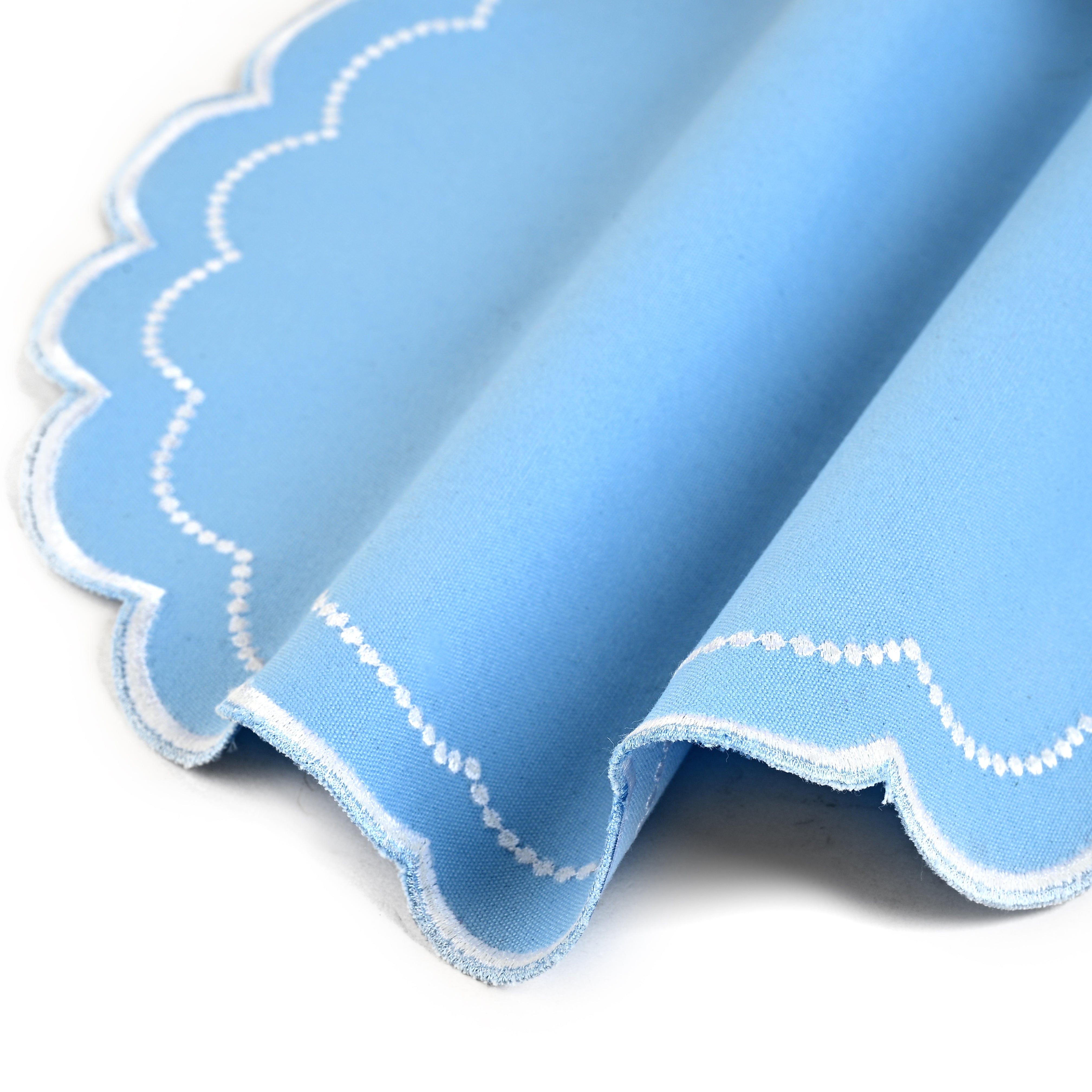 Sky Blue Scalloped Embroidery Round Placemat Ridhi Block Print