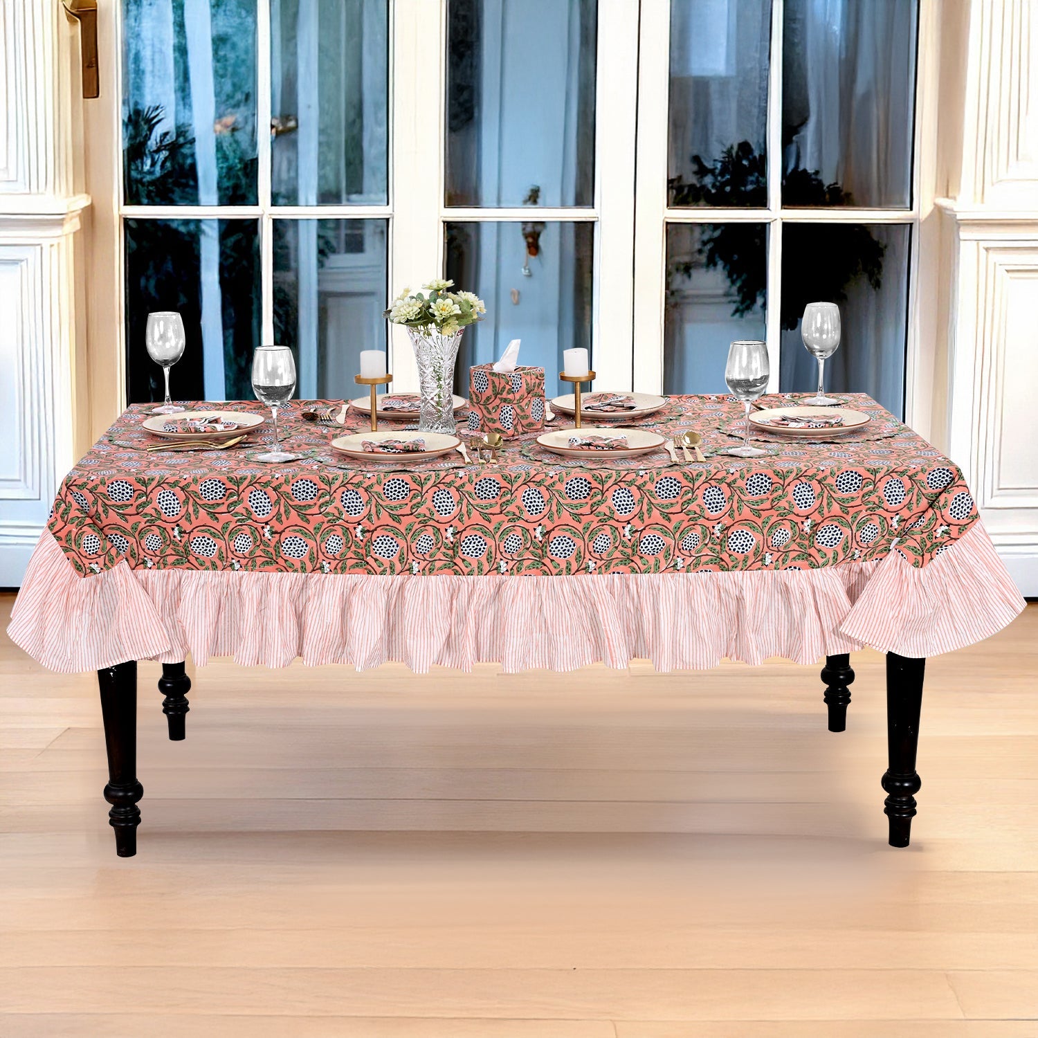 Ruffle Rectangle & Square Tablecloth - Dark Salmon Pink Ridhi Block Print