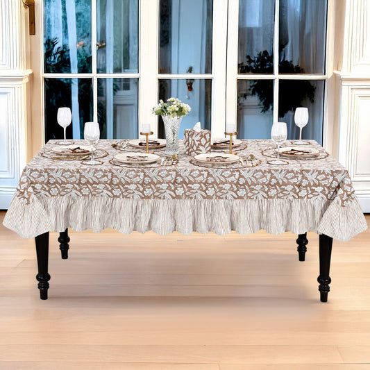 Ruffle Rectangle & Square Tablecloth - Oak Brown Ridhi Block Print