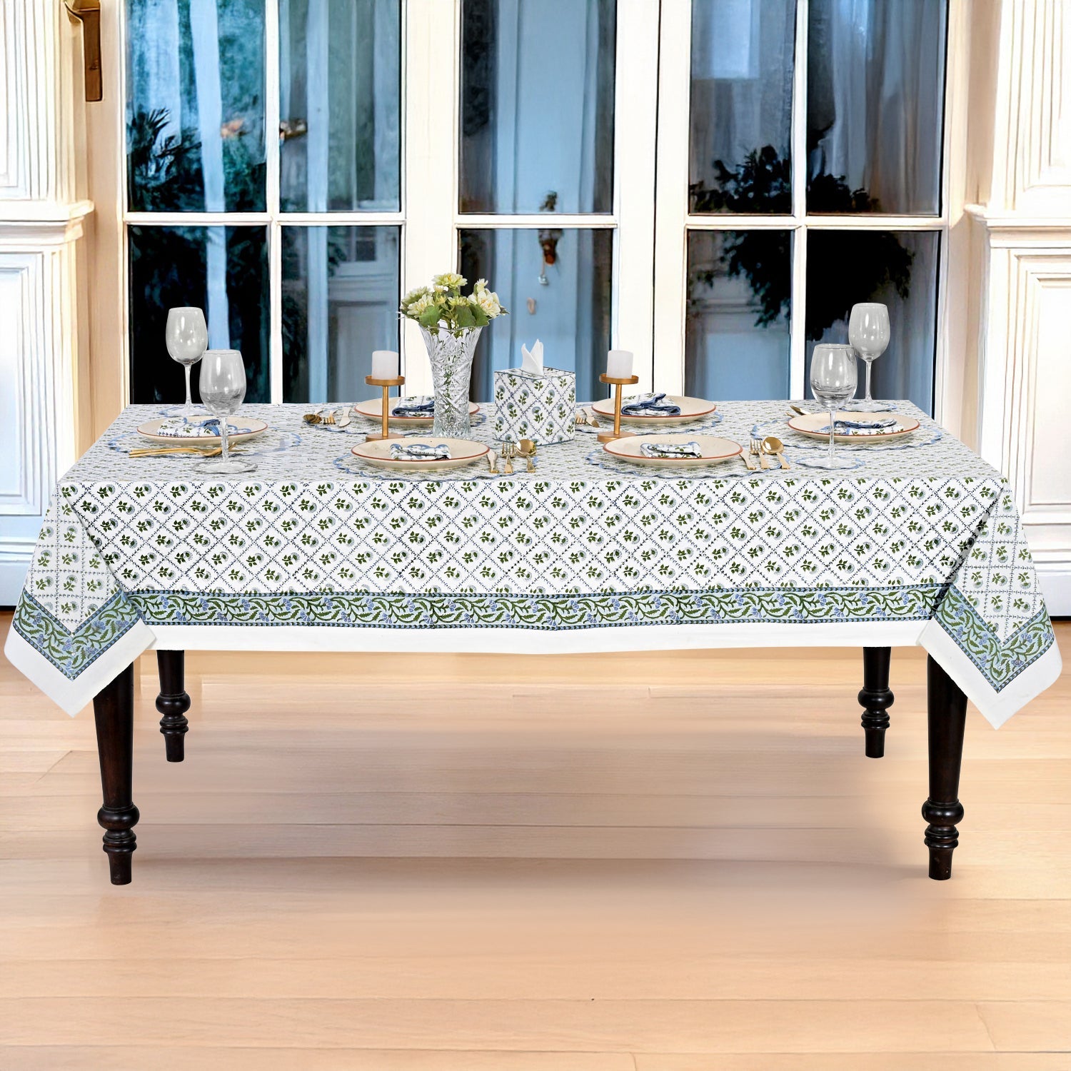 Indian Light Blue Rectangle Tablecloth Ridhi Block Print