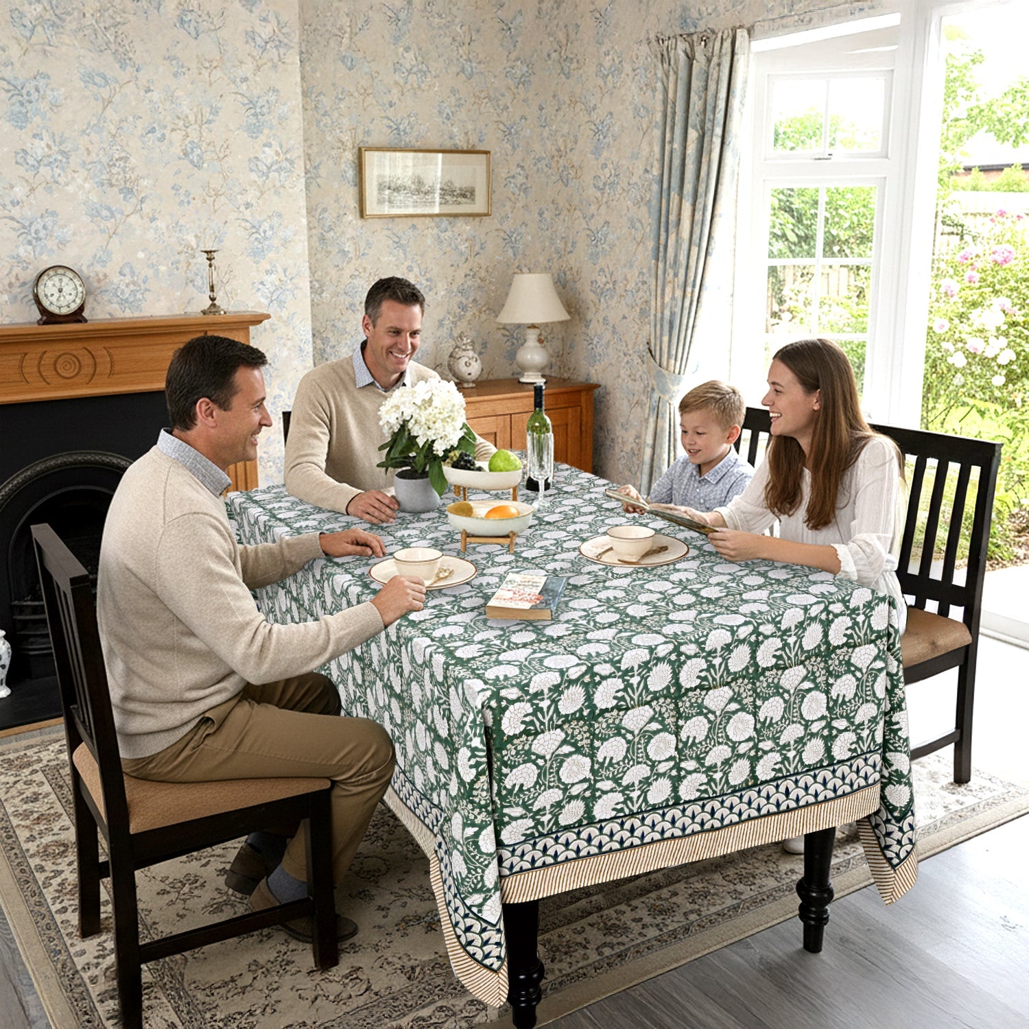 Turquoise Moss Green Rectangle Tablecloth Ridhi Block Print