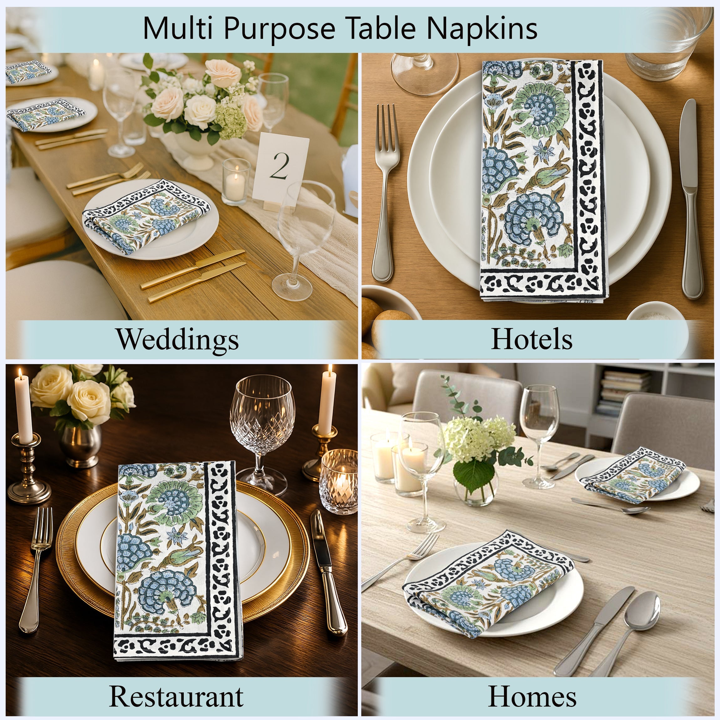 Asparagus Green Border Napkins Ridhi Block Print