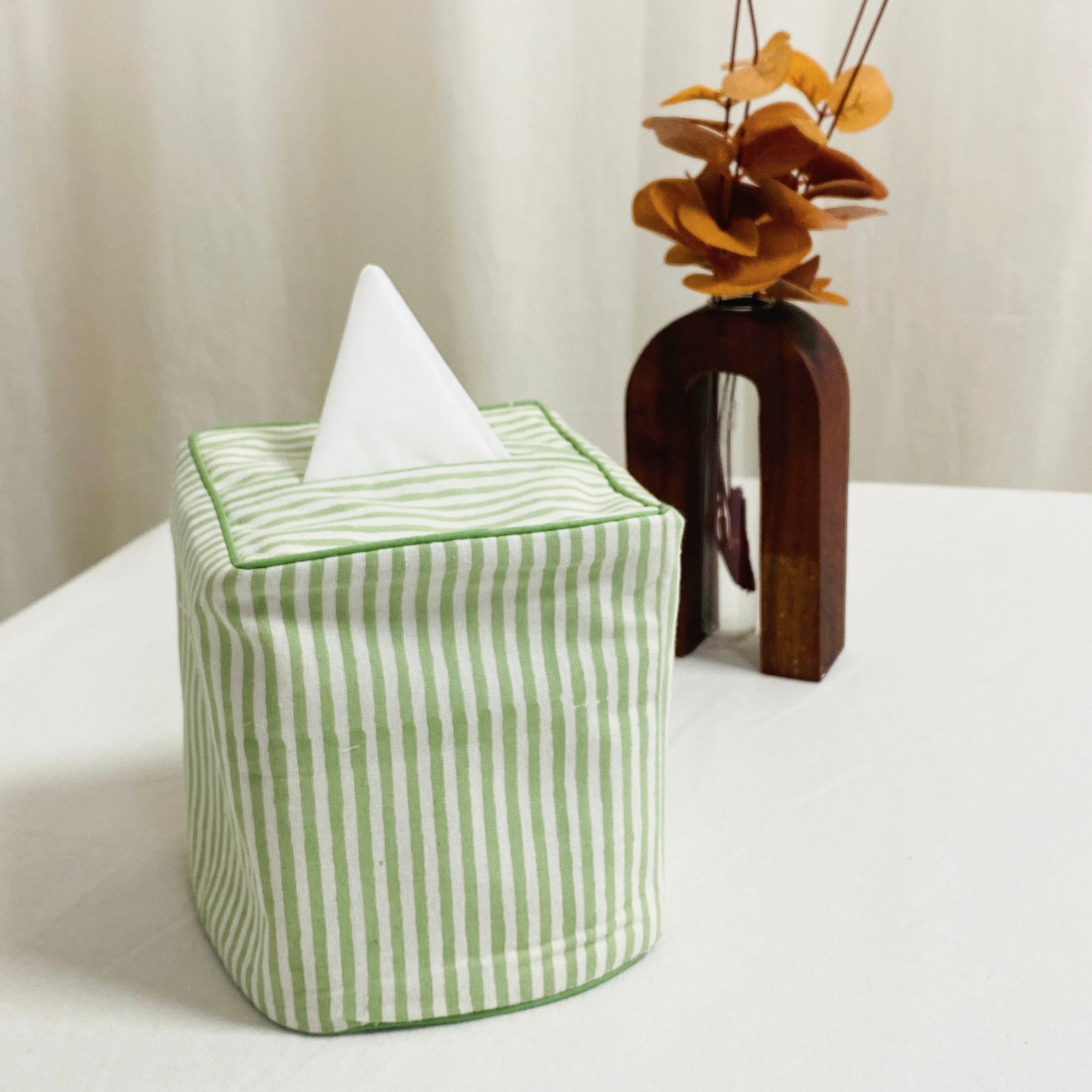 Sage Green Striped Tissue Box Cover Ridhi Block Print