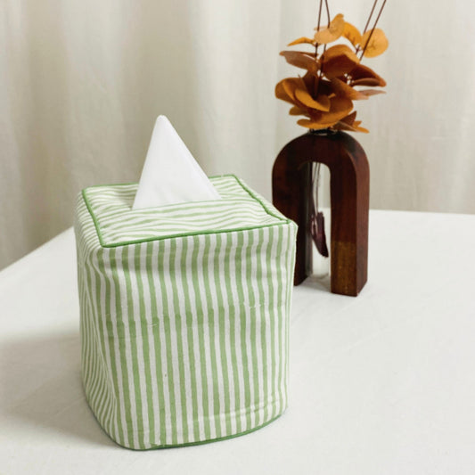 Sage Green Striped Tissue Box Cover Ridhi Block Print