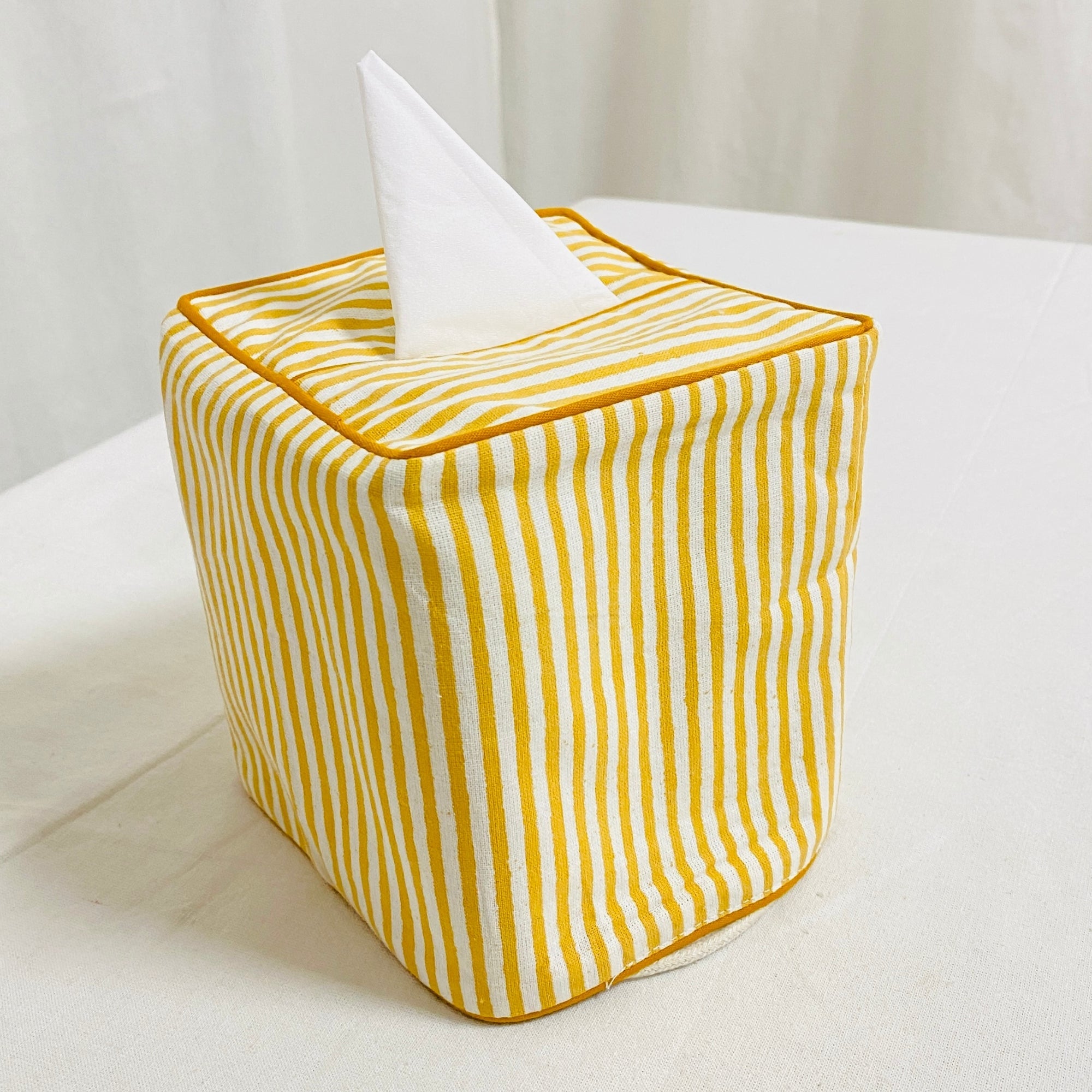 Saffron Yellow Striped Tissue Box Cover Ridhi Block Print