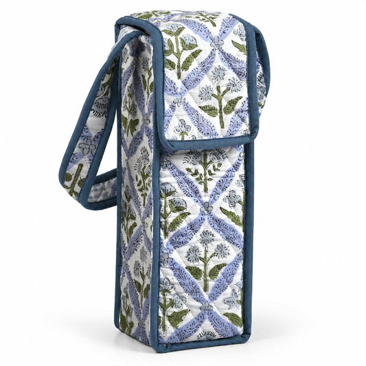 Light Steel Blue Block Print Quilted Water Bottle Holder Bag RIDHI