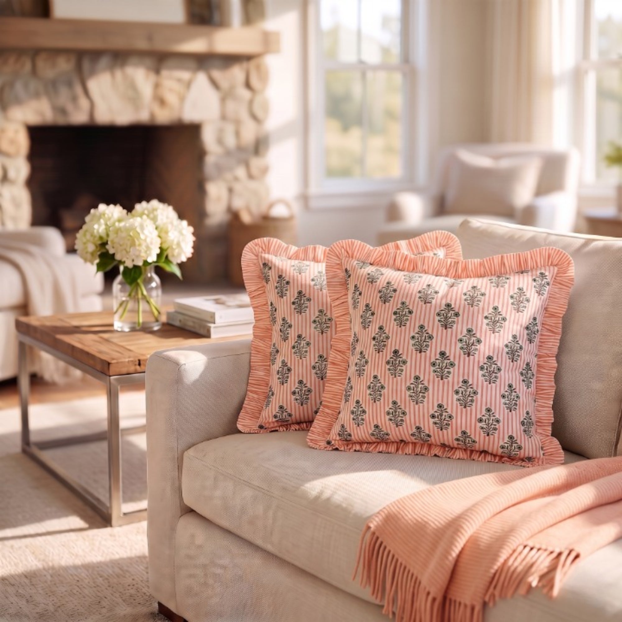 Salmon Blossom Ruffle Pillow Cover RIDHI