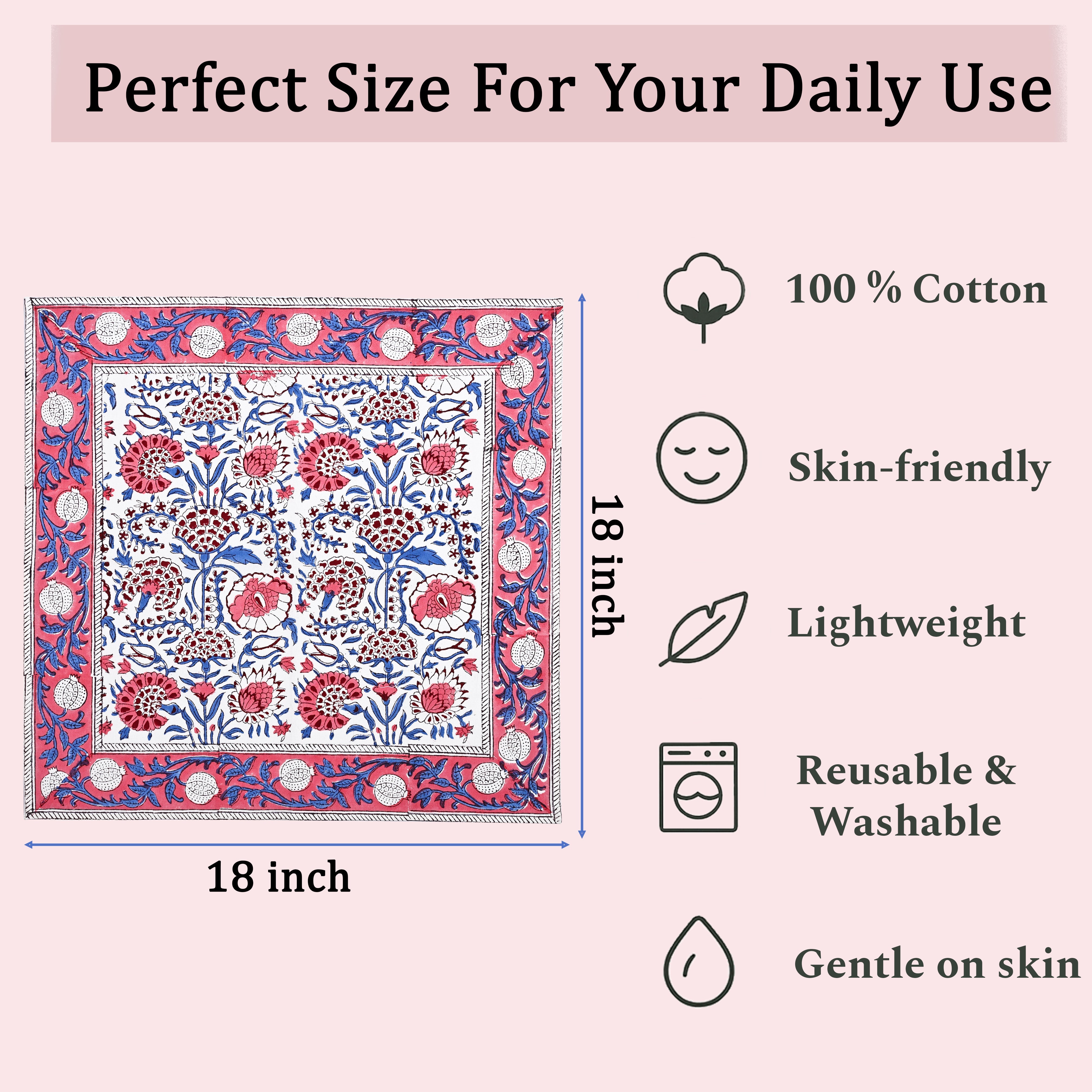 Pigeon Blue and Flamingo Pink Border Napkins Ridhi Block Print