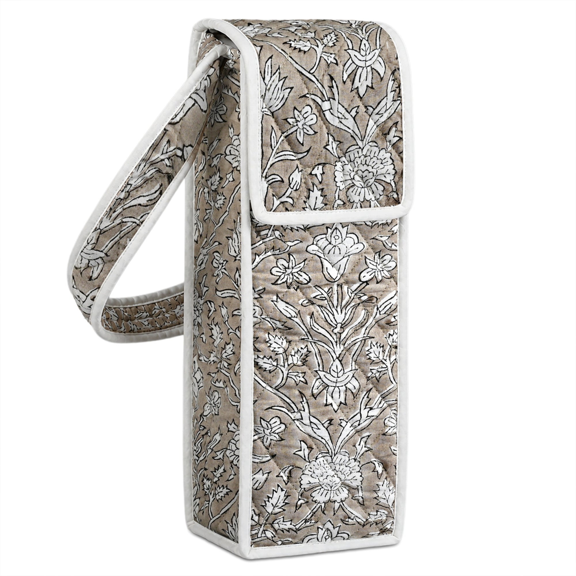 Taupe Block Print Quilted Water Bottle Holder Bag RIDHI