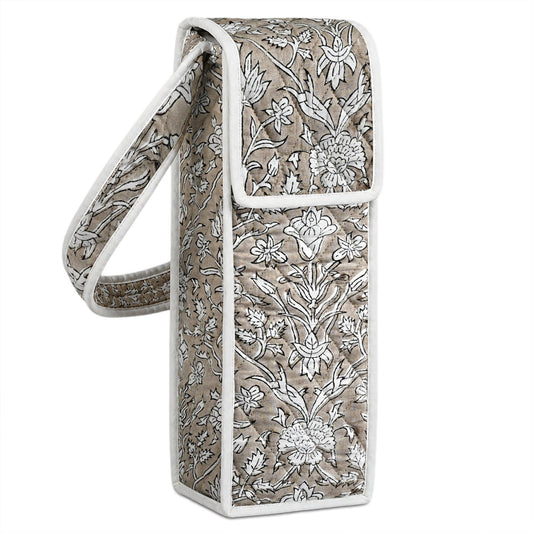 Taupe Block Print Quilted Water Bottle Holder Bag RIDHI