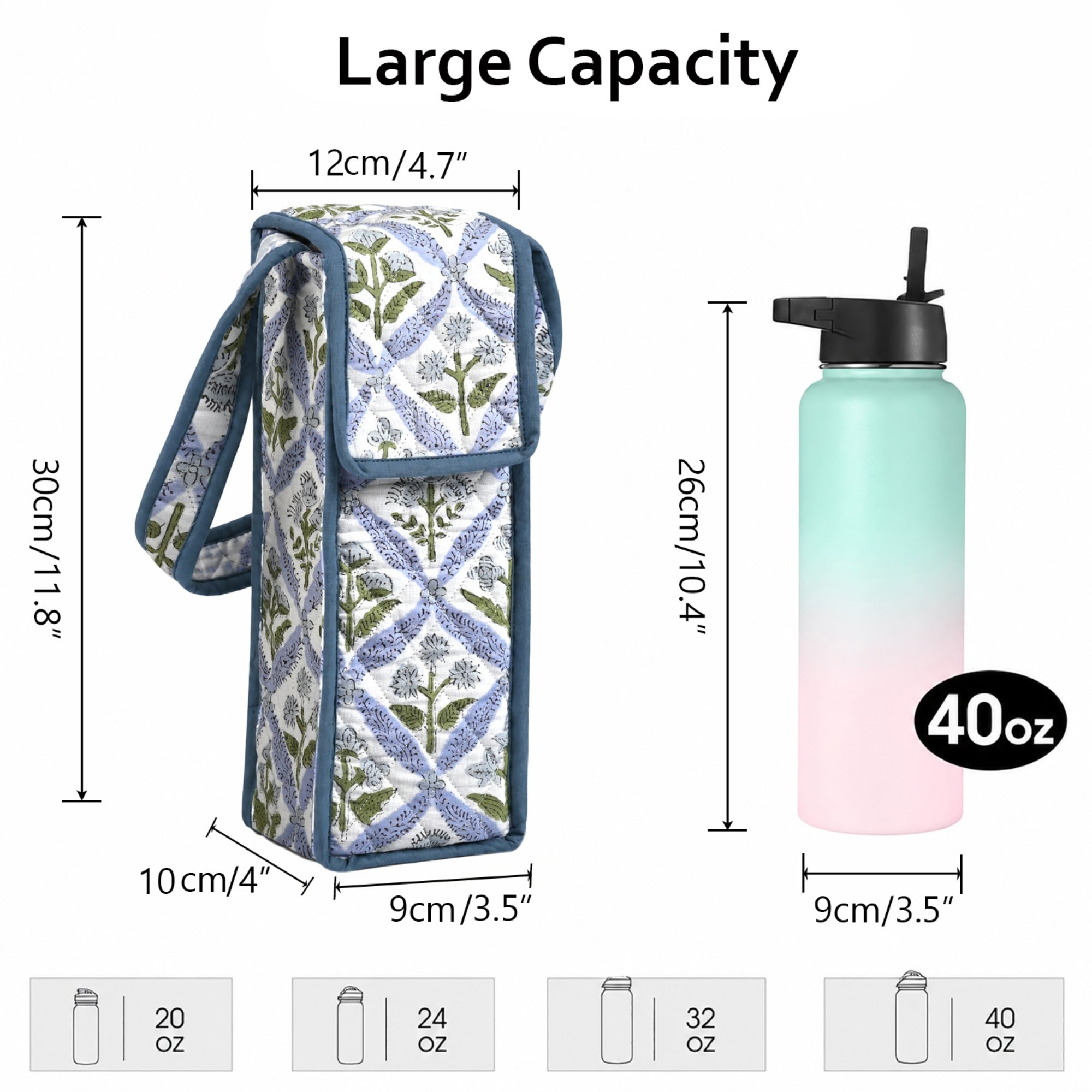 Light Steel Blue Block Print Quilted Water Bottle Holder Bag RIDHI